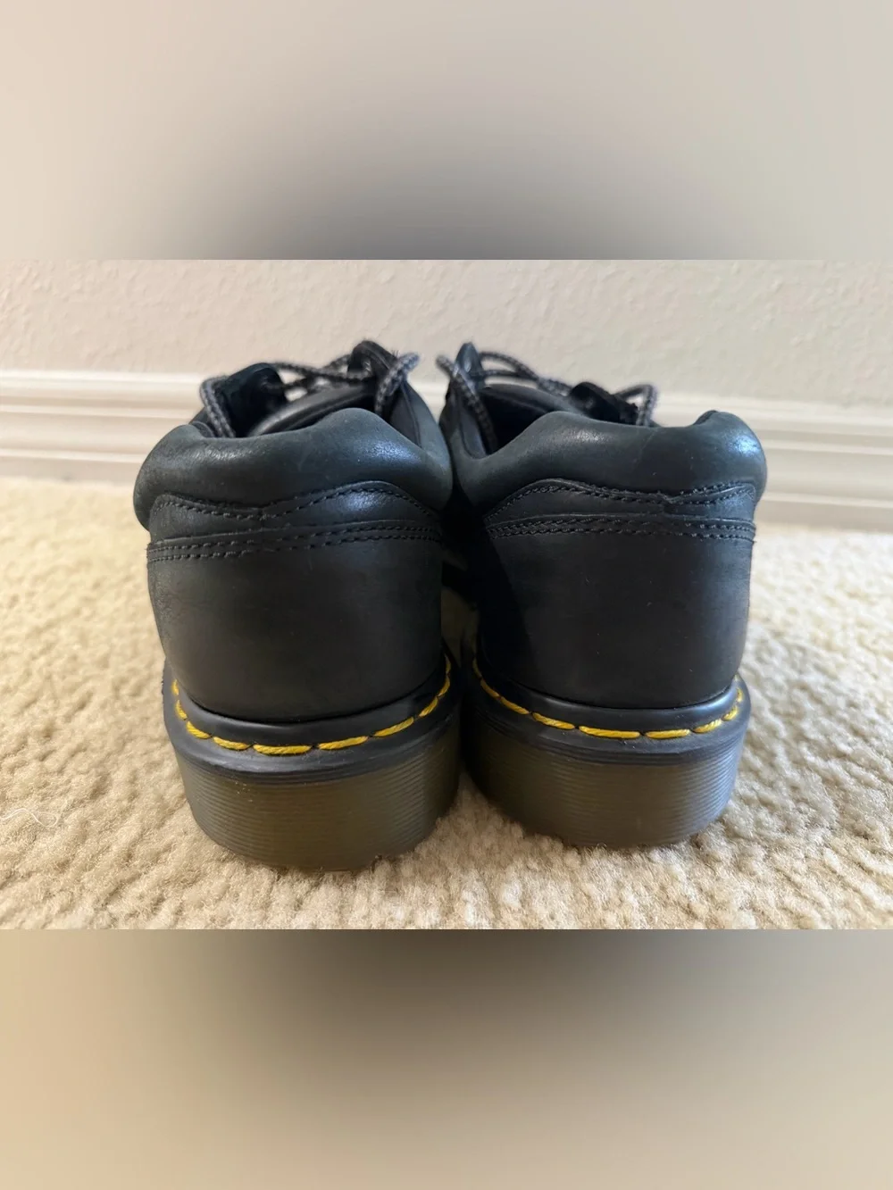 Dr. Martens Black Leather Low-Top Lace-Up Shoes with Yellow Stitching
